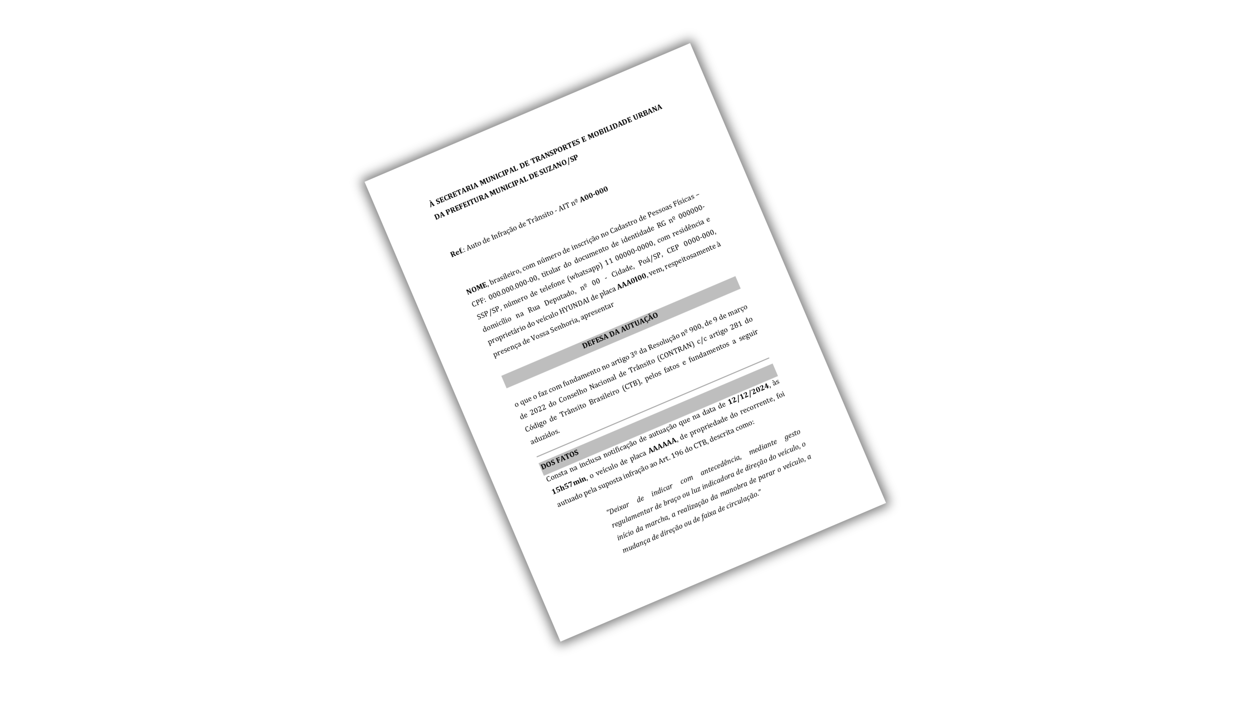 MODELOS DE DEFESA DA AUTUAÇÃO NO PROCESSO ADMINISTRATIVO DE TRÂNSITO